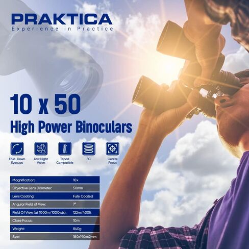 Praktica Falcon 10x50mm Porro Prism Field Black مناظير - عدسات مطلية بالكامل، هيكل قوي، هيكل من الألومنيوم، صورة واضحة حادة، مشاهدة الطيور، الإبحار، المشي لمسافات طويلة، مشاهدة المعالم السياحية، علم الفلك in Kuwait