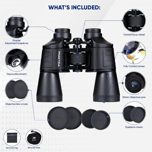 Praktica Falcon 10x50mm Porro Prism Field Black مناظير - عدسات مطلية بالكامل، هيكل قوي، هيكل من الألومنيوم، صورة واضحة حادة، مشاهدة الطيور، الإبحار، المشي لمسافات طويلة، مشاهدة المعالم السياحية، علم الفلك in Kuwait