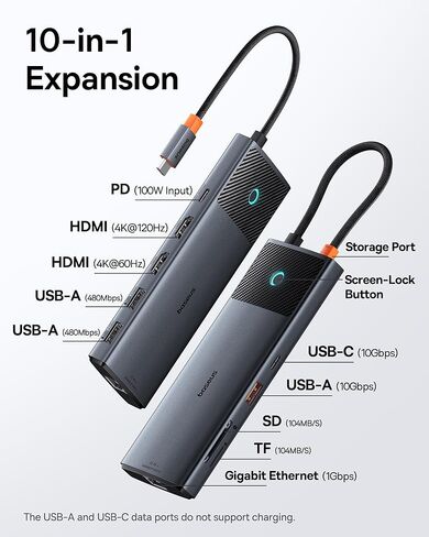 Baseus Spacemate Docking Station, 11-in-1 USB-C Dock for Windows Laptop,Baseus Dual Monitor,10Gbps 10 in 1 Docking Station with 2 HDMI in Kuwait