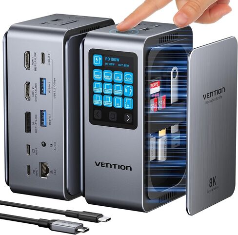 VENTION 13-in-1 Laptop Docking Station 3 Monitors with Touchable Screen Display,USB C Dock Dual Monitor for Dell,HP and MacBook,8K Display 1*DP,2*HDMI,10Gbps USB 3.2,100W PD with 2*USB-C Cable, Gray in Kuwait