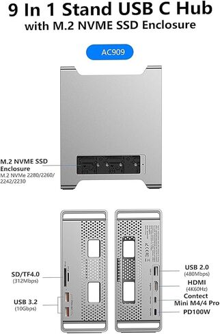 منصة حامل مع صندوق M2 NVMe SSD، USB 3.2 بسرعة 10 جيجابت في الثانية، SD TF 4.0، 4K 60 هرتز HDMI، شحن PD 100 وات، قاعدة توصيل متعددة المنافذ لجهاز Mac mini M4 in Kuwait