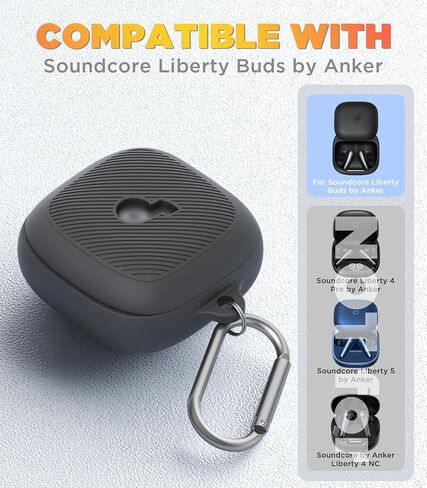 غطاء حافظة Soundcore Liberty Buds من Anker مع طقم منظف، غطاء تصميم مرئي بشعار واقٍ من السيليكون المقاوم للصدمات مع حافظة شحن سماعات أذن Soundcore Liberty Buds مع حلقة تسلق - أسود in Kuwait
