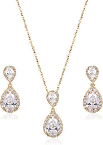 UDYLGOON Elegant Bride Bridesmaid Teardrop Necklace Earrings Set Cubic Zirconia Wedding Prom Jewelry Set in Saudi Arabia