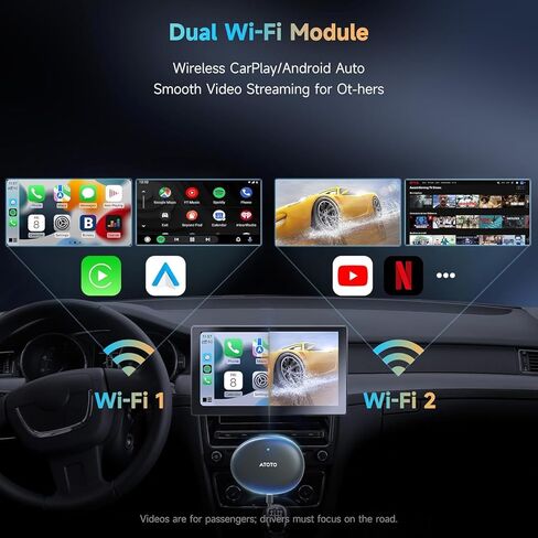 محول CarPlay اللاسلكي، صندوق AI Magic مع ثبات WiFi مزدوج، صندوق CarPlay اللاسلكي متوافق مع Wired Factory CarPlay وAndroid Auto، دعم YouTube/Netflix in Kuwait