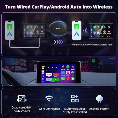 محول CarPlay اللاسلكي، صندوق AI Magic مع ثبات WiFi مزدوج، صندوق CarPlay اللاسلكي متوافق مع Wired Factory CarPlay وAndroid Auto، دعم YouTube/Netflix in Kuwait