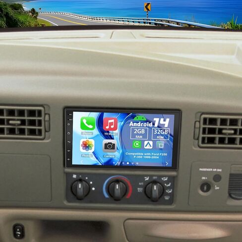 راديو ستيريو للسيارة Android 14 Double Din متوافق مع Ford F250 F-350 1999-2004، 2G+32G 7 بوصات راديو السيارة بشاشة تعمل باللمس مع Carplay Android Auto GPS WiFi Bluetooth RDS SWC Mic كاميرا احتياطية in Kuwait