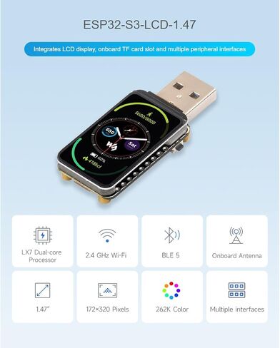 waveshare 2 Pack ESP32-S3 1.47inch Display Development Board,172×320 Resolution 262K Color RGB LED,Supports Multiple Peripherals in Kuwait