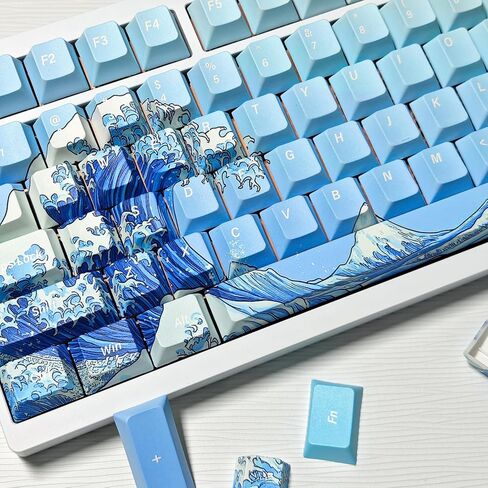 مجموعة أغطية مفاتيح PBT مكونة من 136 مفتاحًا، ملف تعريف الكرز للوحة المفاتيح الميكانيكية The Great Wave Off Kanagawa Japan Ukiyo-e Art، مطبوعة بصبغة فرعية غير لامعة، تناسب تخطيطات 100/75/65/60% in Kuwait