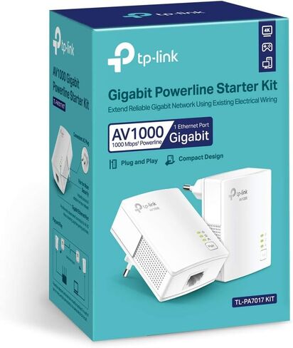 TL-PA7017 KIT AV1000 Gigabit Powerline Ethernet مجموعة أدوات البدء، 1000 ميجابت في الثانية، التوصيل والتشغيل، محولان، أبيض in Kuwait