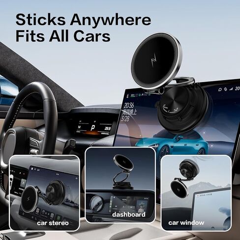 2026 Upgraded Ultra-Thin Magnetic Wireless Car Charger, 15W Fast Charging for MagSafe Car Mount Charger, 360° Adjustable Vacuum Suction Cup Car Phone Holder Mount for iPhone 17-12 & Android in Kuwait