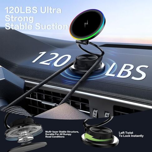 2026 Upgraded Ultra-Thin Magnetic Wireless Car Charger, 15W Fast Charging for MagSafe Car Mount Charger, 360° Adjustable Vacuum Suction Cup Car Phone Holder Mount for iPhone 17-12 & Android in Kuwait