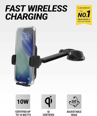Scosche Wireless Car Charger Mount, Auto-Clamping Car Phone Holder Charger for Dashboard/Windshield with Adjustable Arm, 360° Rotation, Compatible with iPhone, Samsung, and More Android Phones in Kuwait
