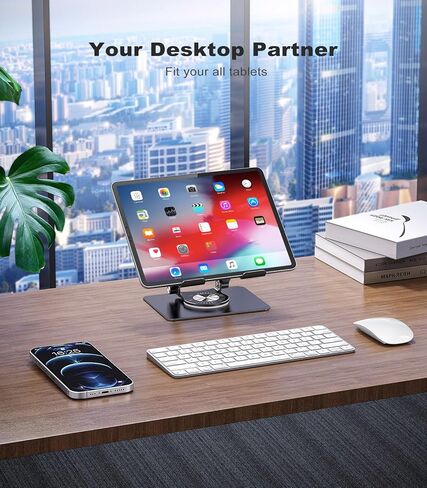 حامل تابلت دوار 360 درجة مع قاعدة قضيب مزدوج، حامل مكتب ألومنيوم قابل للتعديل للأجهزة اللوحية والهواتف مقاس 5.8-12.9 بوصة، أسود in Kuwait
