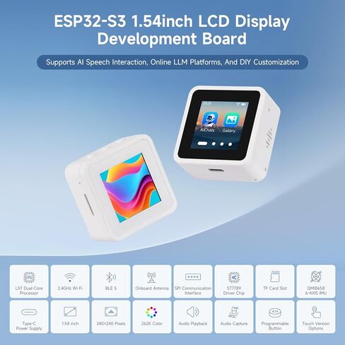 Waveshare ESP32-S3 لوحة تطوير شاشة LCD مقاس 1.54 بوصة، دقة 240 × 240، لون 262 ألف، يدعم الميكروفونات المزدوجة، واي فاي 2.4 جيجا هرتز وBLE 5، مع وظيفة اللمس، بدون BAT in Kuwait