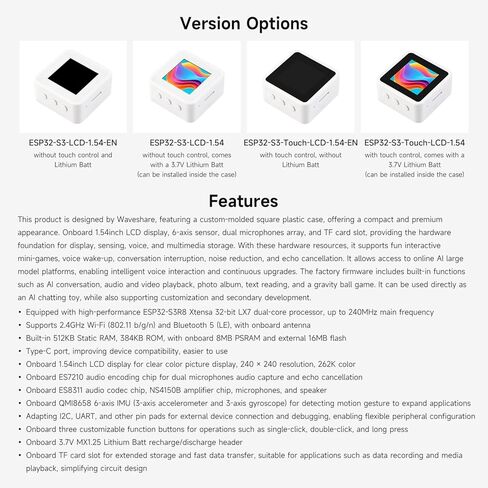 Waveshare ESP32-S3 لوحة تطوير شاشة LCD مقاس 1.54 بوصة، دقة 240 × 240، لون 262 ألف، يدعم الميكروفونات المزدوجة، واي فاي 2.4 جيجا هرتز وBLE 5، مع وظيفة اللمس، بدون BAT in Kuwait