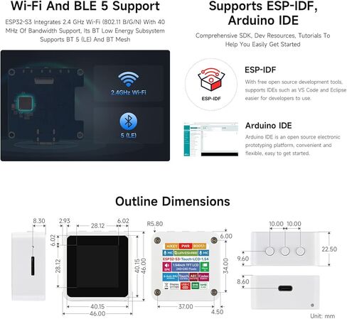 Waveshare ESP32-S3 لوحة تطوير شاشة LCD مقاس 1.54 بوصة، دقة 240 × 240، لون 262 ألف، يدعم الميكروفونات المزدوجة، واي فاي 2.4 جيجا هرتز وBLE 5، مع وظيفة اللمس، بدون BAT in Kuwait