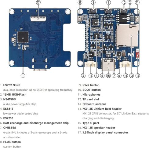 Waveshare ESP32-S3 لوحة تطوير شاشة LCD مقاس 1.54 بوصة، دقة 240 × 240، لون 262 ألف، يدعم الميكروفونات المزدوجة، واي فاي 2.4 جيجا هرتز وBLE 5، مع وظيفة اللمس، بدون BAT in Kuwait