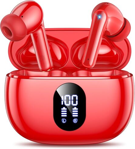 Wireless Earbuds Deep Bass Sound Ear Buds, Bluetooth 5.3 Headphones 48H Playtime, LED Display Earphones with Mic, IPX7 Waterproof Lightweight in-Ear Buds, Touch Control for iPhone TV Laptop Red in Kuwait
