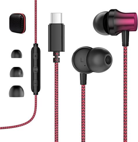USB C Wired Headphones with Mic Magnetic in Ear Type C Earbuds Nylon Braided Tangle-Free USB C Earphones for iPhone 17 16 15 Galaxy S26 S25 S24 for Google Pixel 10 for iPad/MacBook Android Black Red in Kuwait