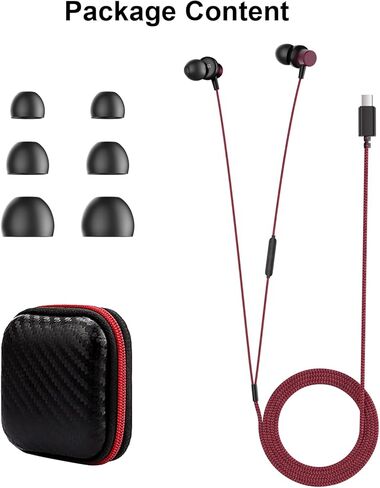 USB C Wired Headphones with Mic Magnetic in Ear Type C Earbuds Nylon Braided Tangle-Free USB C Earphones for iPhone 17 16 15 Galaxy S26 S25 S24 for Google Pixel 10 for iPad/MacBook Android Black Red in Kuwait
