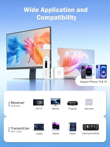 جهاز إرسال Lemorele اللاسلكي USB-C ومجموعة استقبال HDMI، توصيل وتشغيل USB-C إلى موسع HDMI اللاسلكي، نطاق 2.4/5G 164ft 1080P Full HD، لبث الفيديو والصوت إلى تلفزيون عالي الدقة/الشاشة من الهاتف/الكمبيوتر المحمول in Kuwait