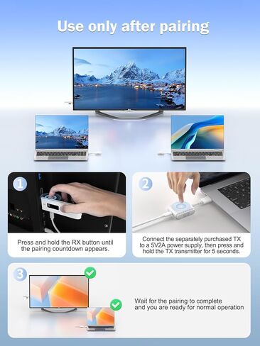 جهاز إرسال Lemorele اللاسلكي USB-C ومجموعة استقبال HDMI، توصيل وتشغيل USB-C إلى موسع HDMI اللاسلكي، نطاق 2.4/5G 164ft 1080P Full HD، لبث الفيديو والصوت إلى تلفزيون عالي الدقة/الشاشة من الهاتف/الكمبيوتر المحمول in Kuwait
