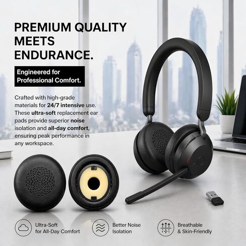 Replacement Ear Pads for Jabra Evolve2 75 (Do Not fit Evolve 75) On-Ear Wireless Headphone, Ear Cups Cover, Soft Leather＆Memory Foam Headset Cushions-Black in Kuwait