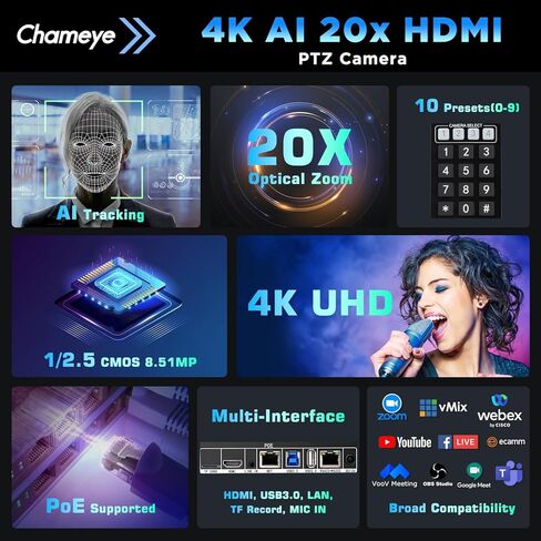 Chameye 4K HDMI PTZ Camera with AI-Auto Tracking, 20X Optical Zoom, M500 4K HDMI Video Switcher Integrated Pro PTZ Controller for Church Worship Conference Live Service (CH420X3+M500) in Kuwait