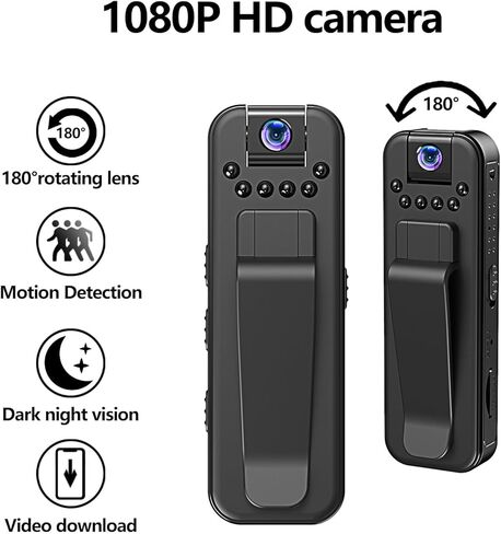 كاميرا الجسم HD 1080P مسجل فيديو محمول مع عدسة قابلة للدوران 180 درجة يمكن ارتداؤها مع كاميرا للرؤية الليلية للشرطة للرياضة/التوصيل/السفر/إنفاذ القانون، بطاقة Micro SD غير متضمنة in Kuwait
