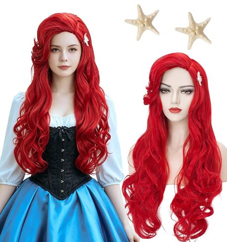 Aicos Wine Red Curly Kid Mermaid Wig, Long Wavy Fashion Princess Cosplay Wig with Starfish Hair Clips (Wine Red) in Saudi Arabia