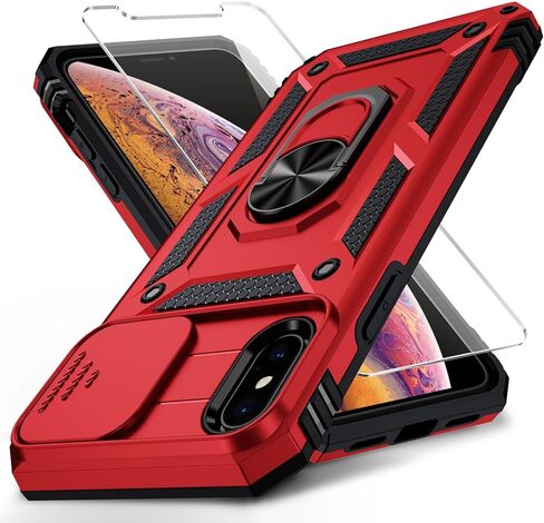 جراب Vinve لهاتف iPhone X/iPhone Xs، غطاء عدسة منزلق، واقي شاشة HD، حماية من السقوط من الدرجة العسكرية، حامل حلقي مغناطيسي دوار، جراب واقٍ للهاتف (أزرق داكن) in Kuwait
