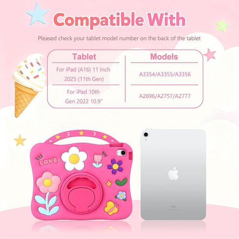 حافظة لجهاز iPad A16 الجيل الحادي عشر 2025 11 بوصة، حافظة لجهاز iPad الجيل العاشر 2022 10.9 بوصة للأطفال والبنات غطاء سيليكون ناعم على شكل زهرة ملونة مع مقبض قابل للدوران حامل قلم رصاص - وردي فاقع in Kuwait