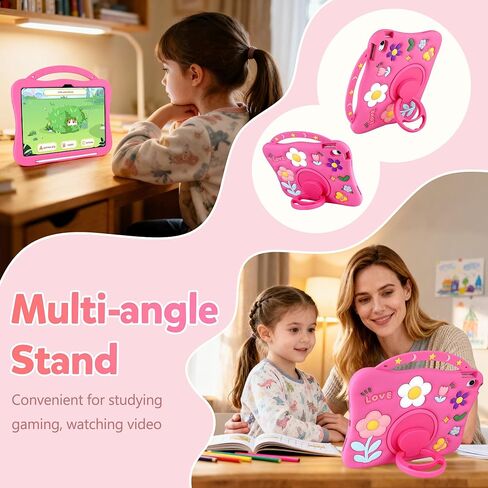 حافظة لجهاز iPad A16 الجيل الحادي عشر 2025 11 بوصة، حافظة لجهاز iPad الجيل العاشر 2022 10.9 بوصة للأطفال والبنات غطاء سيليكون ناعم على شكل زهرة ملونة مع مقبض قابل للدوران حامل قلم رصاص - وردي فاقع in Kuwait