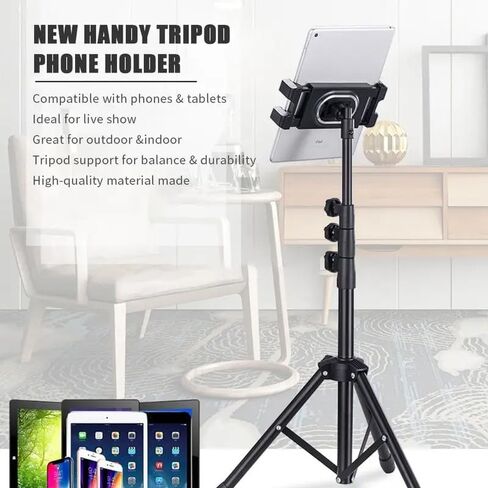 Phone or iPad Tripod Stand, Extendable Height with Adjustable Angle, Versatile Floor Standing Holder for iPad Pro, Mini, Air, Phone or 4.7-12.9" Tablet and Smartphones (Black) in Kuwait
