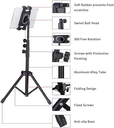 Phone or iPad Tripod Stand, Extendable Height with Adjustable Angle, Versatile Floor Standing Holder for iPad Pro, Mini, Air, Phone or 4.7-12.9" Tablet and Smartphones (Black) in Kuwait