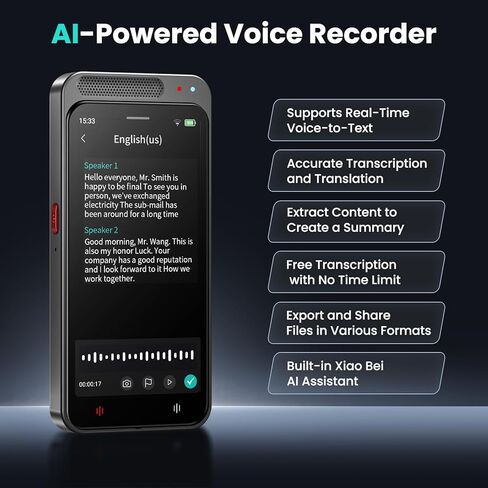 مسجل صوت AI، مسجل رقمي سعة 80 جيجابايت مع نسخ غير محدود، تلخيص، ترجمة، مسجل صوت إلى نص يدعم 13 لغة، مسجل صوت مع تشغيل المحاضرات in Kuwait