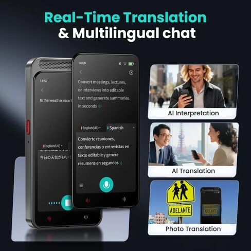 مسجل صوت AI، مسجل رقمي سعة 80 جيجابايت مع نسخ غير محدود، تلخيص، ترجمة، مسجل صوت إلى نص يدعم 13 لغة، مسجل صوت مع تشغيل المحاضرات in Kuwait
