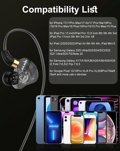 USB C IEM Headphones with Microphone, HiFi Wired in-Ear Monitor Earbuds, Over Ear Noise Cancelling Gaming Earphones for iPhone 17/16/15 Pro Max, Samsung Galaxy S24 S25 S26, Type C Earbuds for Android in Kuwait
