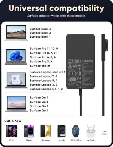 شاحن Microsoft Surface بقوة 102 وات مدرج في قائمة UL لجهاز Surface Book 3,2,1، وSurface Laptop Studio، وSurface Charger 11,10,9,8,7+,7,6,5,4,3، وSurface Laptop 7,6,5,4,3,2,1، وSurface Go 4,3,2,1، يدعم 65 وات، 44 وات، 36 وات in Kuwait
