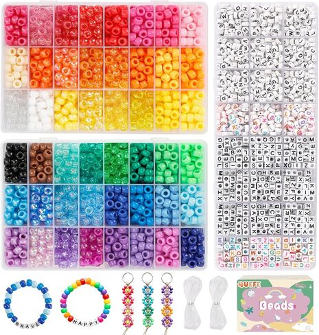 QUEFE 4900pcs Pony Beads Kit, 84 Colors Kandi Beads, 3780pcs Rainbow Hair 1080pcs Letter Heart for Craft Gifts Bracelets Jewelry Making with Elastic Strings in Saudi Arabia