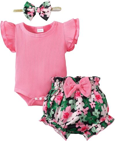 SUNNY PIGGY Newborn Baby Girl Clothes Romper Floral Shorts Set Infant Summer Outfits Baby Girls' Clothing for 0-18 Month in Kuwait
