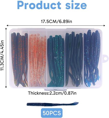 50 Pcs Senko Worms for Bass Fishing, Senko Worms, Wacky Worm Lures, Bass Fishing Worms Kit, Bass Worms, Slow Fluttering Action, Durable with Storage Box, for Freshwater and Saltwater Anglers in Kuwait