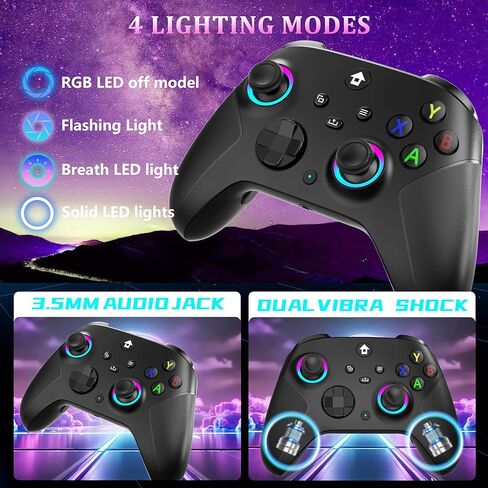 وحدة تحكم YUYIU لاسلكية 2.4 جيجا هرتز مع 7 ألوان RGB Light لوحدة تحكم Xbox، وXbox One Series X|S، ووحدات التحكم، ونوافذ الكمبيوتر الشخصي، مع بطارية 1000 مللي أمبير/ساعة Vib-ration مزدوجة/Turbo/قابلة للبرمجة، ومقبس صوت 3.5 مم (أسود) in Kuwait