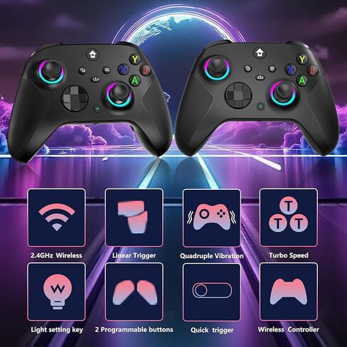 وحدة تحكم YUYIU لاسلكية 2.4 جيجا هرتز مع 7 ألوان RGB Light لوحدة تحكم Xbox، وXbox One Series X|S، ووحدات التحكم، ونوافذ الكمبيوتر الشخصي، مع بطارية 1000 مللي أمبير/ساعة Vib-ration مزدوجة/Turbo/قابلة للبرمجة، ومقبس صوت 3.5 مم (أسود) in Kuwait