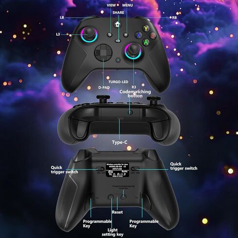 وحدة تحكم YUYIU لاسلكية 2.4 جيجا هرتز مع 7 ألوان RGB Light لوحدة تحكم Xbox، وXbox One Series X|S، ووحدات التحكم، ونوافذ الكمبيوتر الشخصي، مع بطارية 1000 مللي أمبير/ساعة Vib-ration مزدوجة/Turbo/قابلة للبرمجة، ومقبس صوت 3.5 مم (أسود) in Kuwait