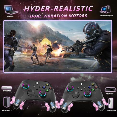وحدة تحكم YUYIU لاسلكية 2.4 جيجا هرتز مع 7 ألوان RGB Light لوحدة تحكم Xbox، وXbox One Series X|S، ووحدات التحكم، ونوافذ الكمبيوتر الشخصي، مع بطارية 1000 مللي أمبير/ساعة Vib-ration مزدوجة/Turbo/قابلة للبرمجة، ومقبس صوت 3.5 مم (أسود) in Kuwait