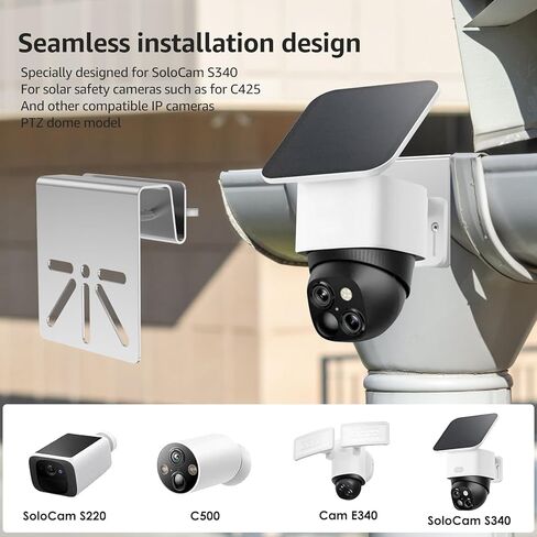 Gutter Mount Bracket Compatible with SoloCam S340/S330/E30, Solid Stainless Steel Holder, No Drill Installation with Anti-Rust Screws for Solar Panel Power, Outdoor(Silver) in Kuwait