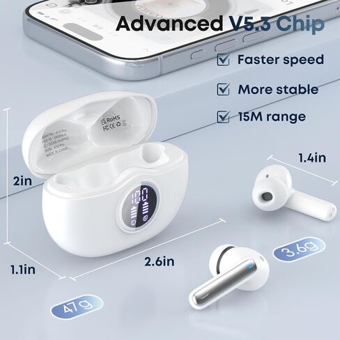 A10 Pro Wireless Earbuds Bluetooth 5.3 HiFi Stereo, 50H Playback LED Digital Display Earphones - Rose Gold (beiyon) in Kuwait