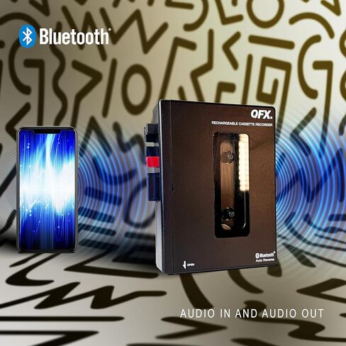 QFX RETRO-1980 Portable Bluetooth Cassette Tape Player Recorder, Auto Reverse, USB-C Rechargeable, Built-in Speaker and Microphone, Stereo Earbuds Included in Kuwait