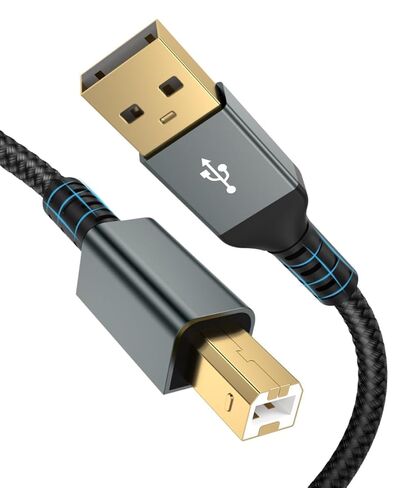 كابل طابعة USB بطول 20 قدمًا وكابل MIDI، سلك USB 2.0 طويل جدًا من النوع A إلى B، سلك ماسح ضوئي مجدول من النايلون مطلي بالذهب متوافق مع HP وCanon وEpson وYamaha Digital Piano وDAC وواجهة الصوت - رمادي in Kuwait